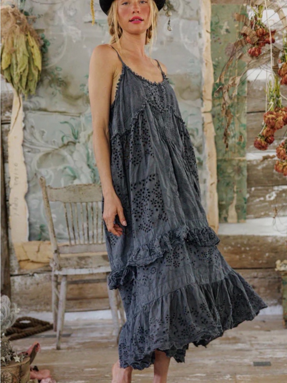 Magnolia Pearl Eyelet Tiered Maxi Dress - Charcoal